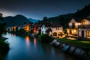 photo wallpaper the sky, river, houses, mountains, night, the city, the river,. AI-Generated