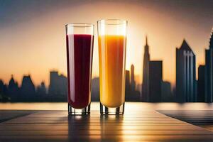 two glasses of orange juice with the city in the background. AI-Generated photo
