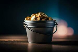 a bucket filled with gold coins on a table. AI-Generated photo