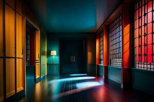 a hallway with colorful lights and wooden floors. AI-Generated photo
