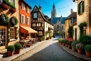 an old cobblestone street in europe. AI-Generated photo