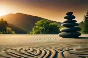 un apilar de rocas en el arena con un puesta de sol en el antecedentes. generado por ai foto