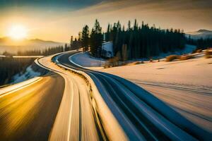 a car driving on a snowy road at sunset. AI-Generated photo