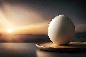 an egg on a wooden tray with the sun in the background. AI-Generated photo