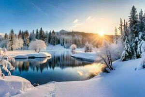 invierno paisaje con nieve cubierto arboles y un río. generado por ai foto