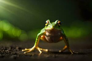 a frog is standing on the ground with a bright light behind it. AI-Generated photo