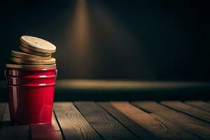 red cup with coins on wooden table. AI-Generated photo