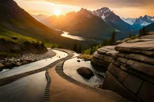 a path leads to a mountain stream at sunset. AI-Generated photo