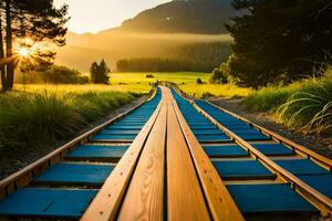 un de madera tren pista en el medio de un campo. generado por ai foto