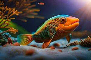 an orange fish swimming in an underwater scene. AI-Generated photo