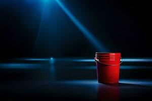 a red bucket on a dark floor with light coming from the top. AI-Generated photo