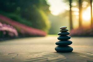 stacked stones in the middle of a path. AI-Generated photo