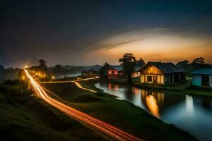 a long exposure photograph of a river and houses at dusk. AI-Generated photo