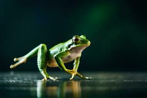 a frog is standing on its hind legs. AI-Generated photo