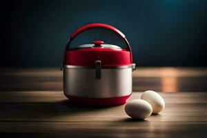 an electric kettle and two eggs on a wooden table. AI-Generated photo