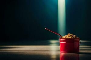 un rojo Cubeta con un cuchara sentado en un mesa. generado por ai foto