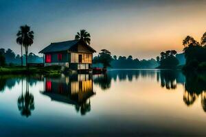 a house on the water at sunset with palm trees. AI-Generated photo