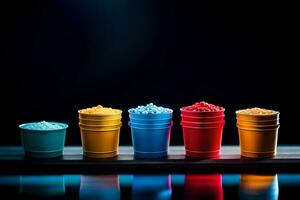 a row of colorful buckets with different colored sugar. AI-Generated photo