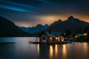 a small cabin sits on the shore of a lake at night. AI-Generated photo