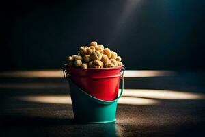 a bucket filled with nuts on a dark background. AI-Generated photo