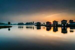 puesta de sol terminado el agua con casas en el antecedentes. generado por ai foto