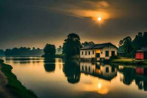 a house sits on the bank of a river at sunset. AI-Generated photo