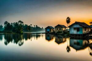 houses on the water at sunrise. AI-Generated photo