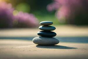 a stack of stones sitting on top of a sand dune. AI-Generated photo