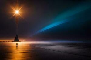 a lighthouse stands in the middle of a lake at night. AI-Generated photo