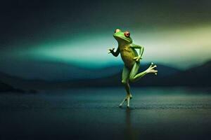 a frog jumping on the water with a dark background. AI-Generated photo