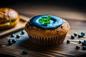 a muffin with blueberries and chocolate on a wooden table. AI-Generated photo