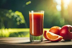 an orange juice and an apple on a table. AI-Generated photo