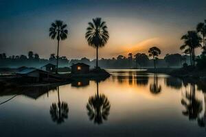 a river with palm trees and a house at sunset. AI-Generated photo