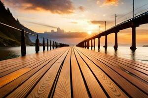 a wooden pier with a bridge over the water. AI-Generated photo