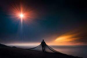 un hombre en pie en el playa con un estrella brillante encima a él. generado por ai foto