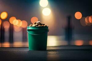 a bucket of peanuts on the street at night. AI-Generated photo