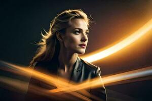 a woman in a black leather jacket and gold light. AI-Generated photo