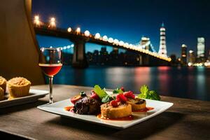 a plate of food and wine on a table with a view of the city. AI-Generated photo