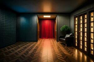 the room has a red curtain and wooden floors. AI-Generated photo