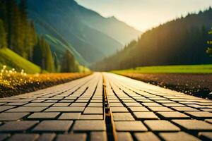 a long road with a brick path in the middle. AI-Generated photo