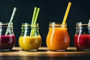 five different types of smoothies in jars. AI-Generated photo