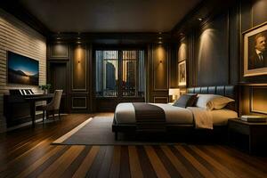 a bedroom with wood floors and dark walls. AI-Generated photo