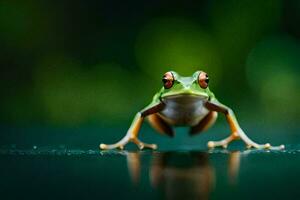a frog is standing on a dark surface. AI-Generated photo