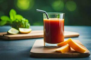 un vaso de jugo con rebanadas de Fruta en un corte tablero. generado por ai foto