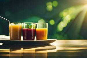 three glasses of juice on a table. AI-Generated photo