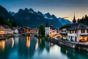 el hermosa pueblo de Altenburg en Suiza a oscuridad. generado por ai foto