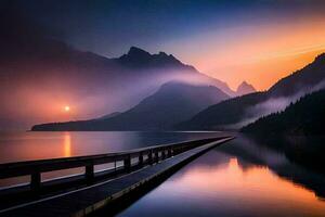 a pier in the middle of a lake with mountains in the background. AI-Generated photo