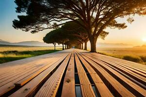 a wooden walkway with trees and grass in the background. AI-Generated photo