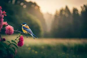 un azul y amarillo pájaro es encaramado en un flor. generado por ai foto