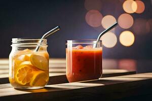 two glasses of juice with straws on a wooden table. AI-Generated photo